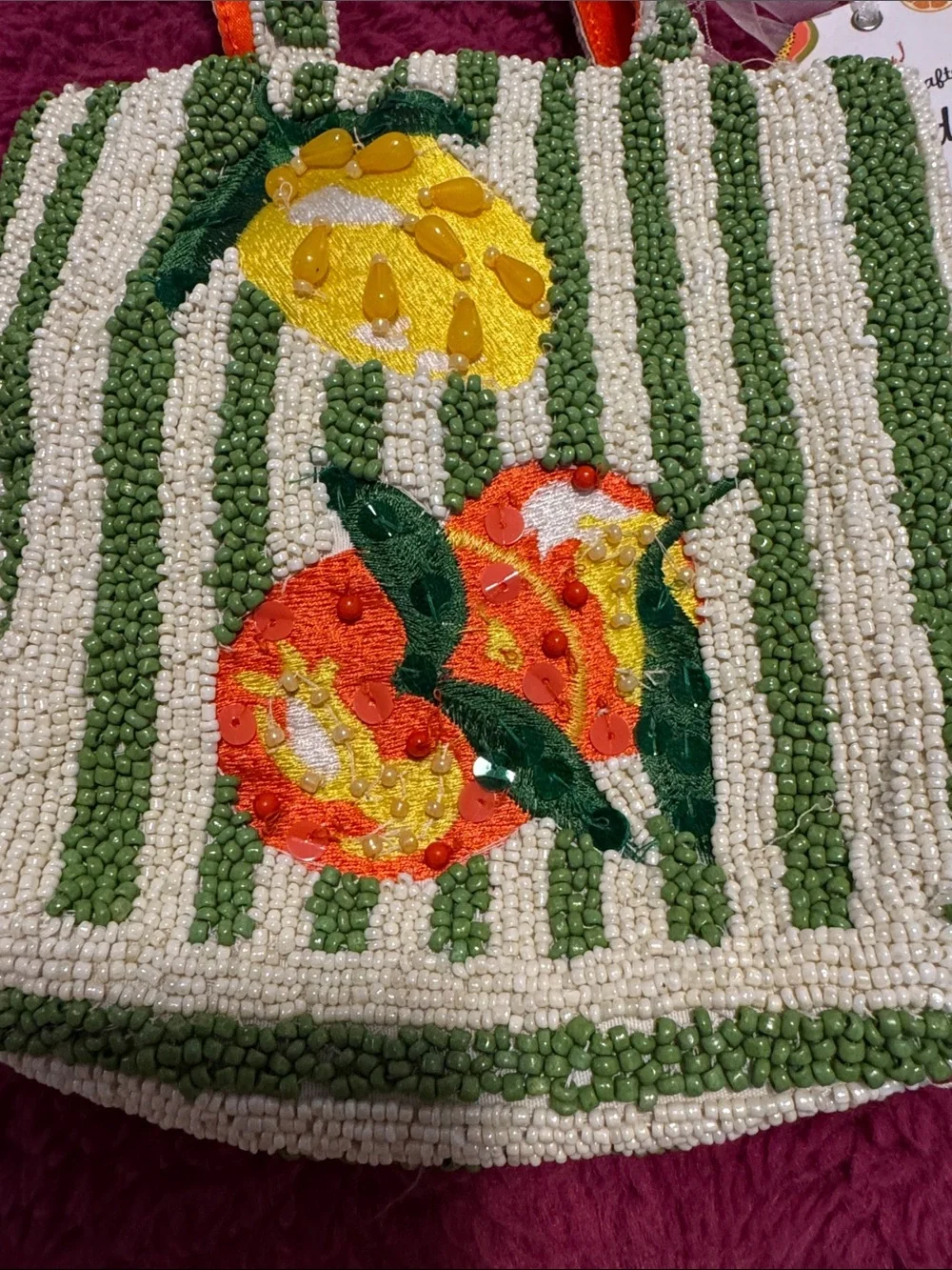 Hand Crafted Beaded Citrus Tote - Green, Cream & Orange